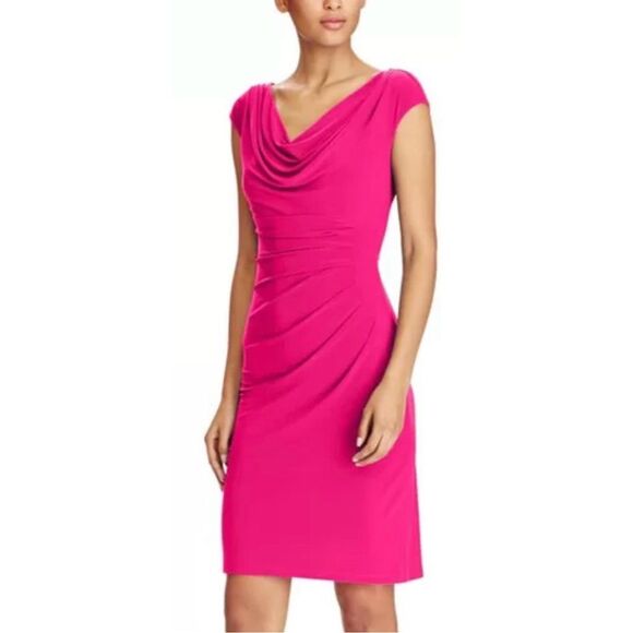 New Lauren Ralph Lauren Rose Matte Pink Cowl Neck Dress Size 10 Midi Party - Picture 1 of 8